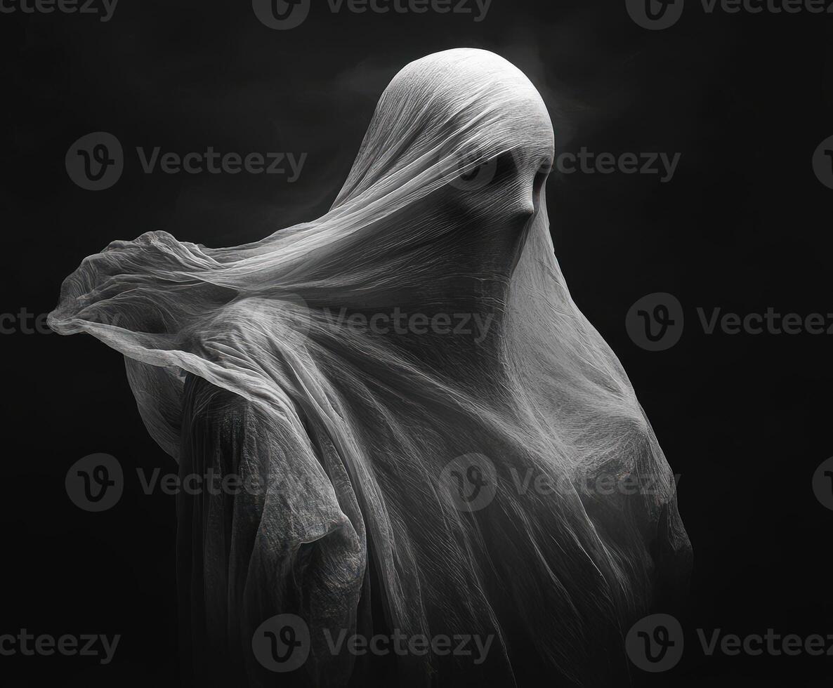 Ethereal figure draped in flowing fabric against a dark background photo