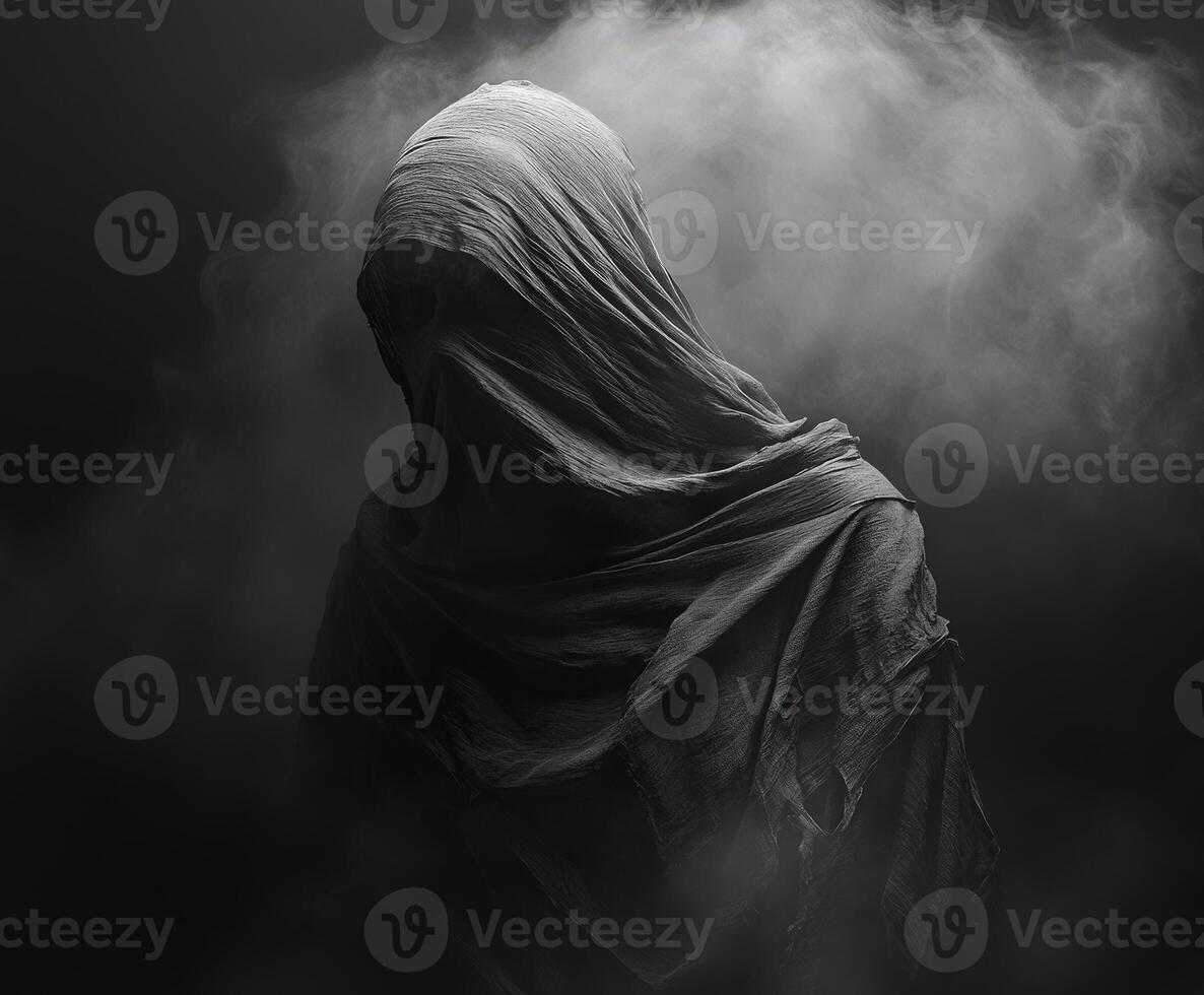 Mysterious figure shrouded in darkness in a smoky environment photo