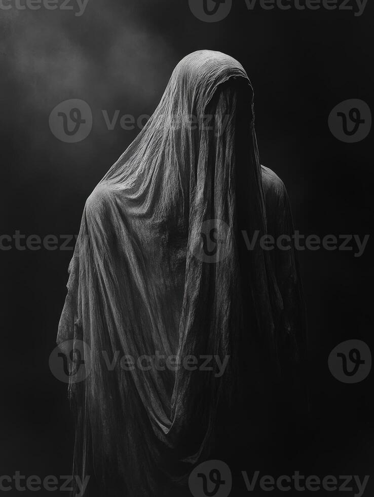 Mysterious figure cloaked in dark fabric in a shadowy environment photo