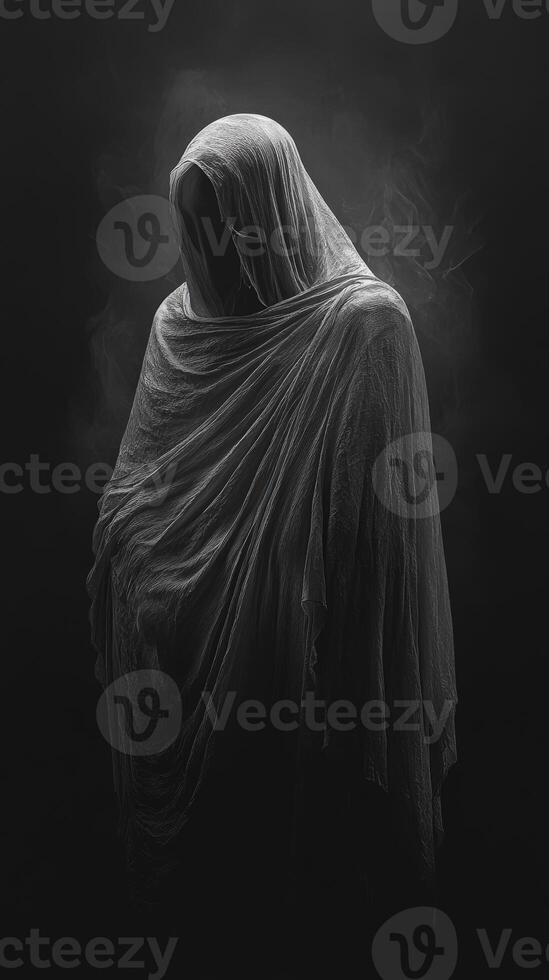 Mysterious figure cloaked in dark fabric against a black background photo