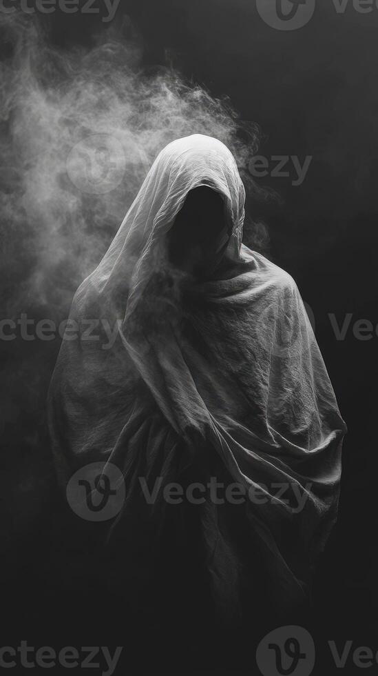 Dark figure shrouded in mist conveying an eerie presence in a dim setting photo