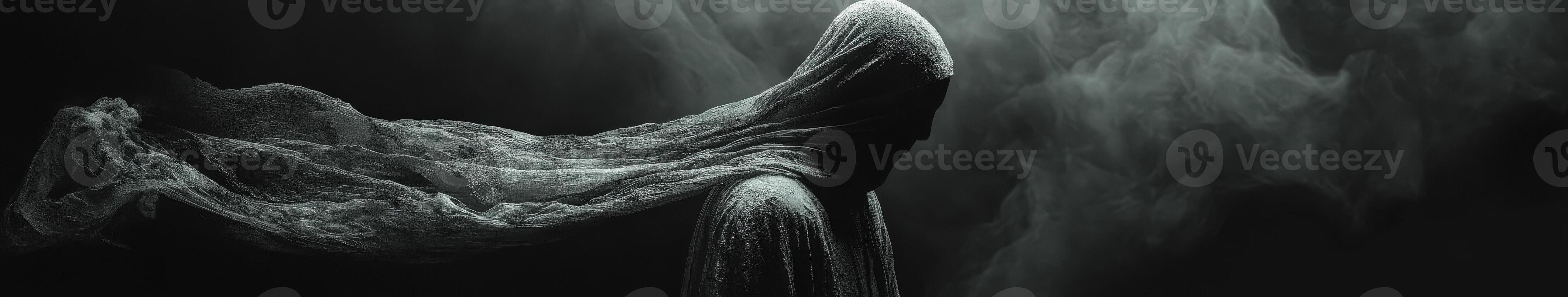 Ethereal figure shrouded in mist conveys a sense of mystery and calm photo