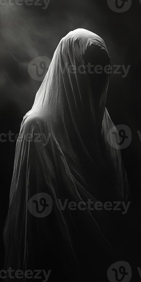Mysterious figure shrouded in dark fabric appears in dimly lit space photo