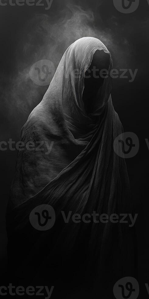 Mysterious figure cloaked in dark fabric in ethereal environment photo