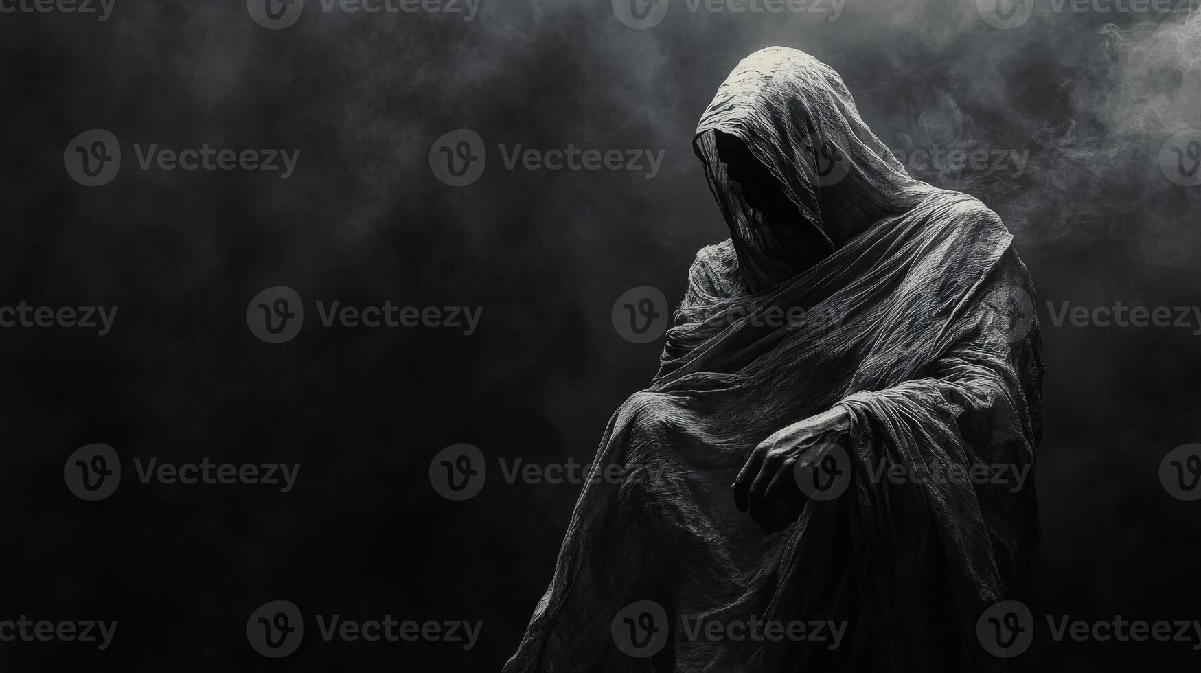 Mysterious figure draped in dark fabric in an eerie setting photo