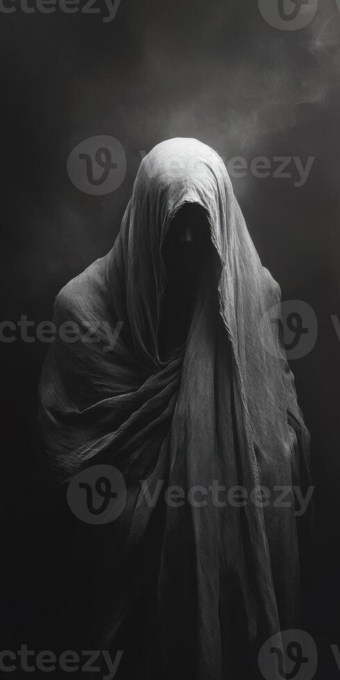 Mysterious figure shrouded in dark fabric stands in low light environment photo