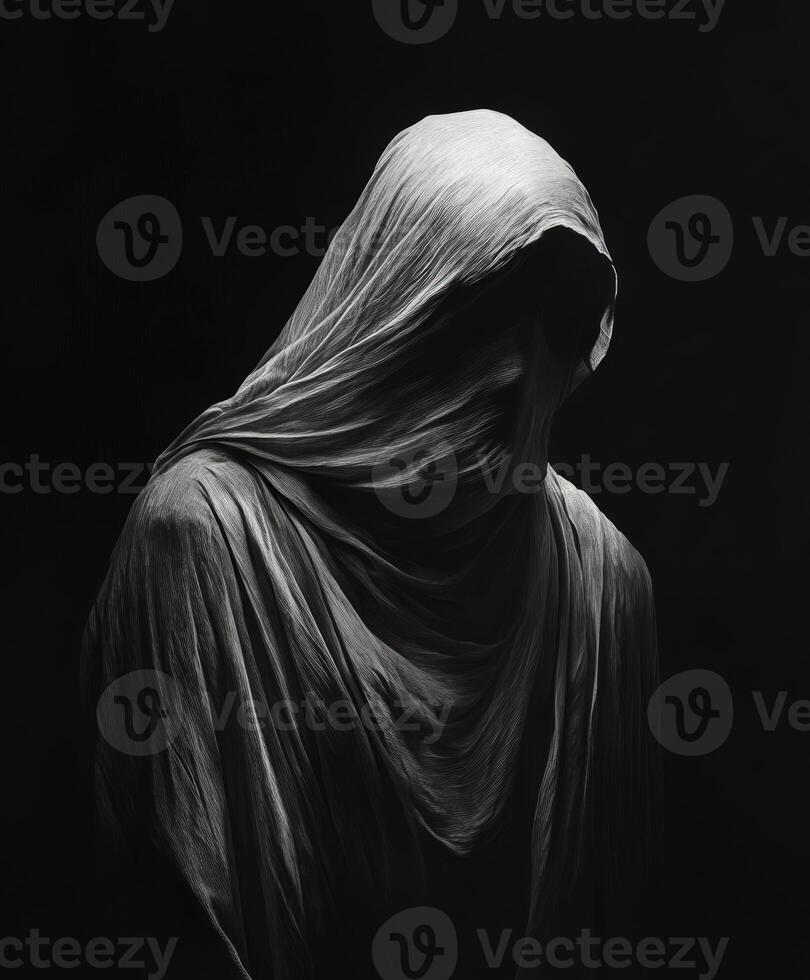 Mysterious figure shrouded in a dark hooded cloak in low light setting photo