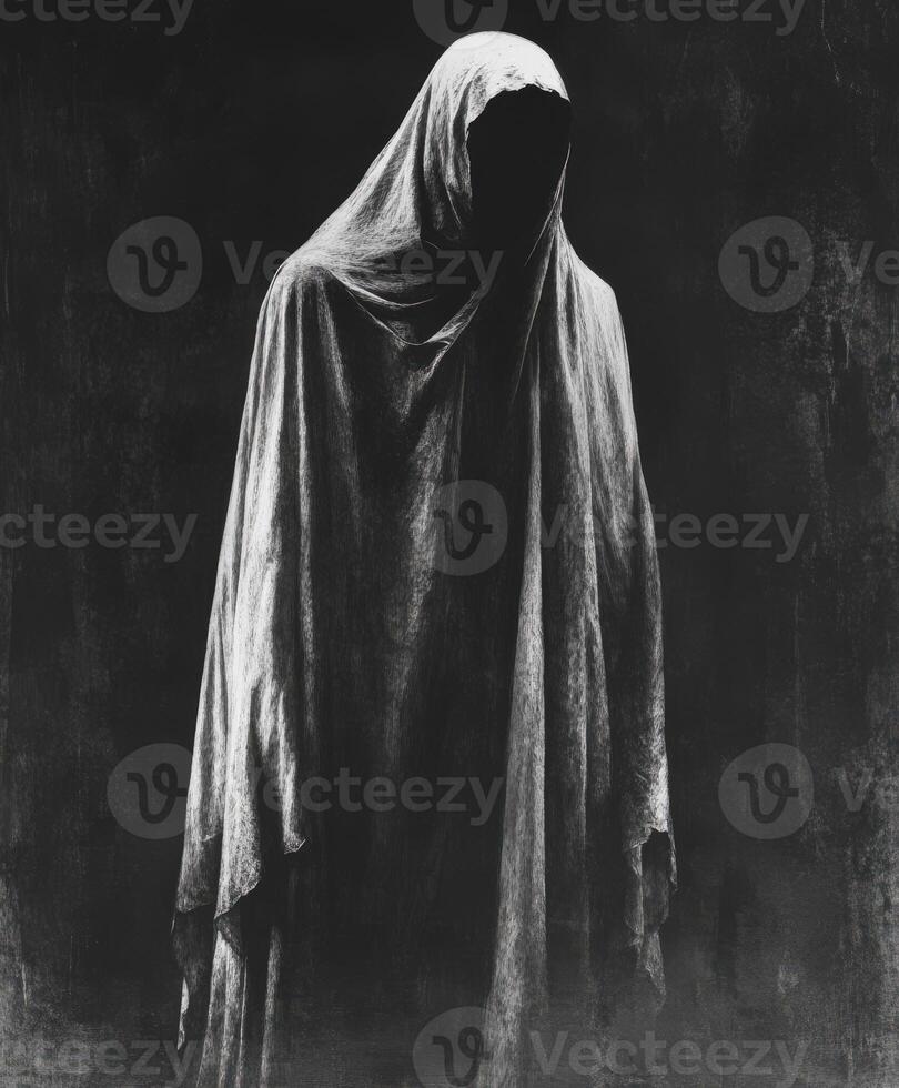 Mysterious figure draped in shadowy fabric stands in dimly lit space photo