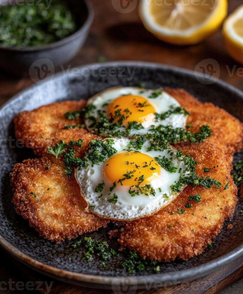 Crispy chicken cutlets topped with fried eggs and herbs on a plate photo
