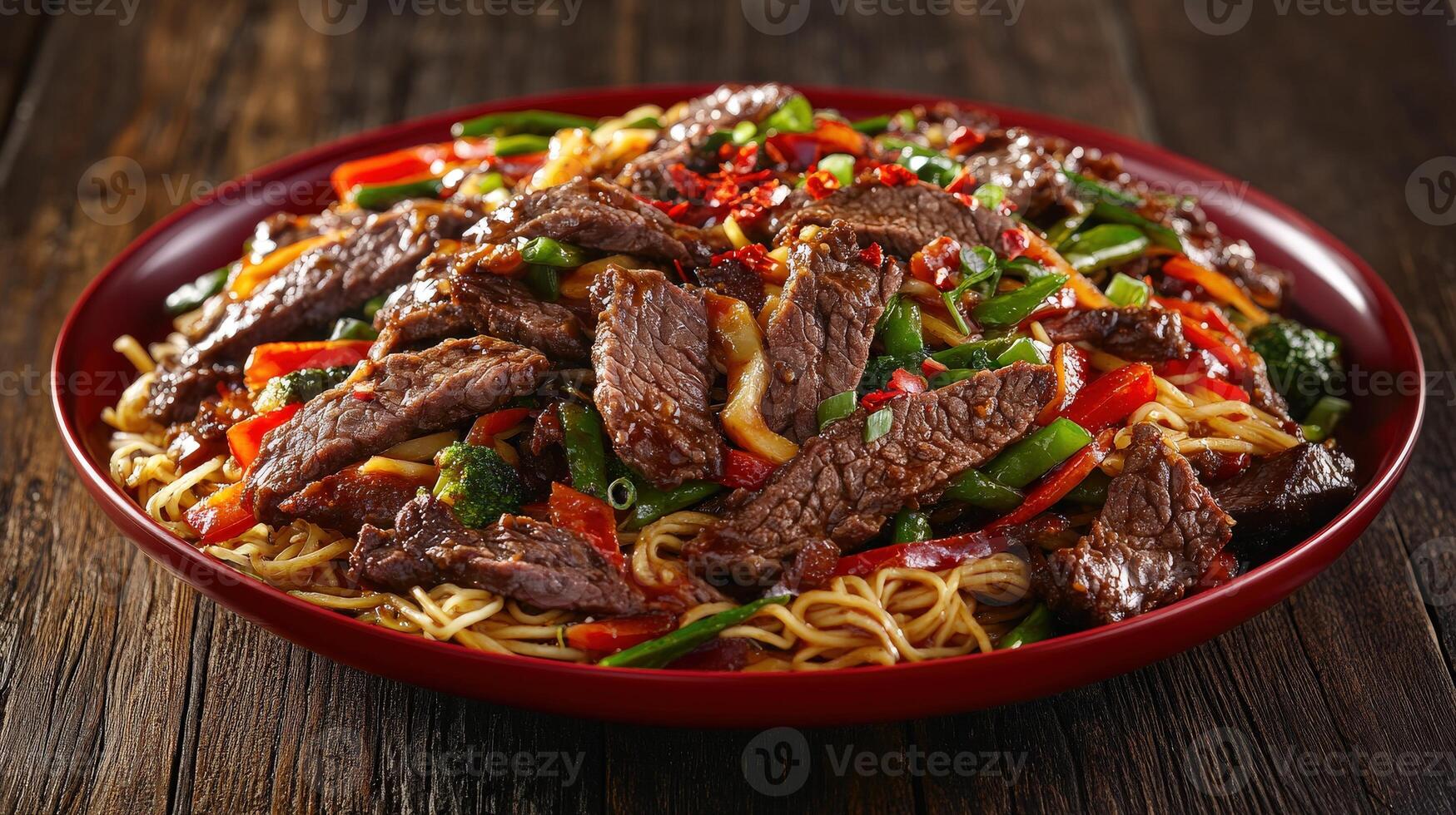 Stir-fried beef and vegetable noodles served in a red bowl photo