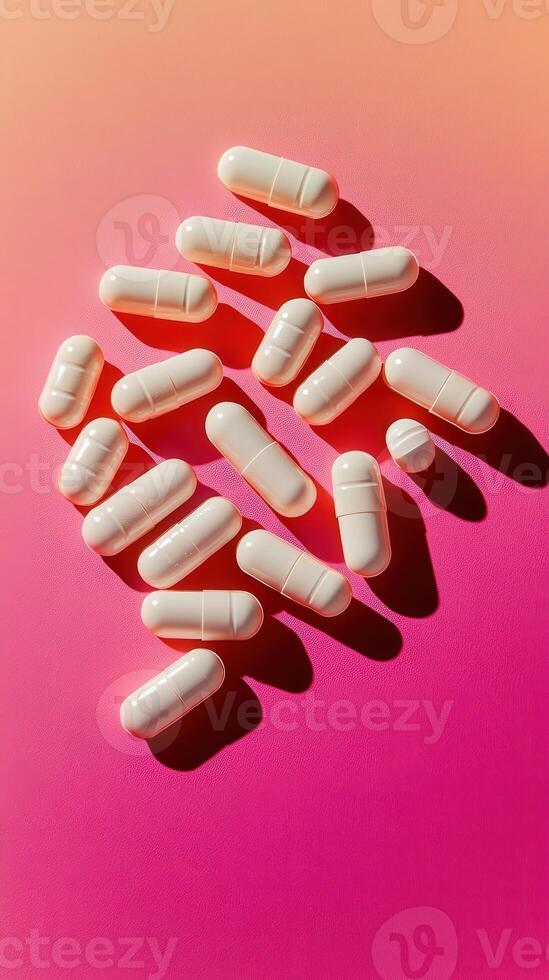 Capsules scattered on a vibrant pink background showcasing health products photo