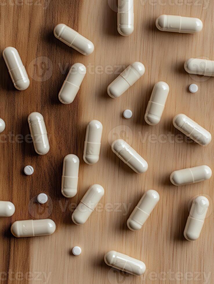 Capsules and tablets scattered on a wooden surface in a well-lit area photo