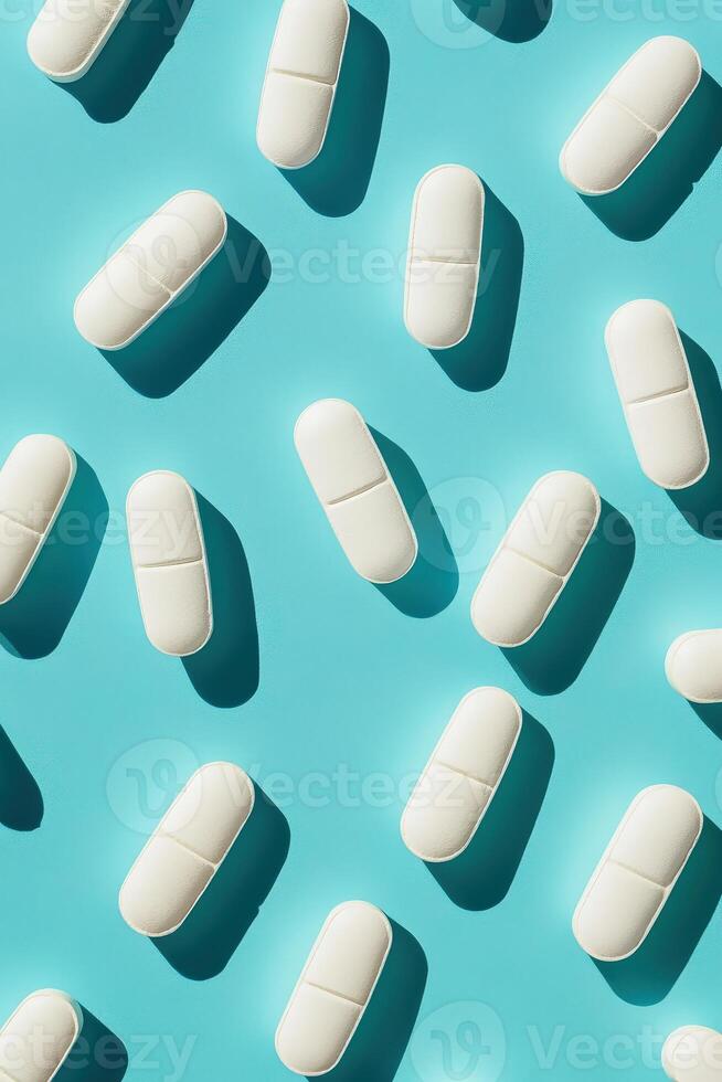 Patterns of white capsules on a blue background creating a modern design photo
