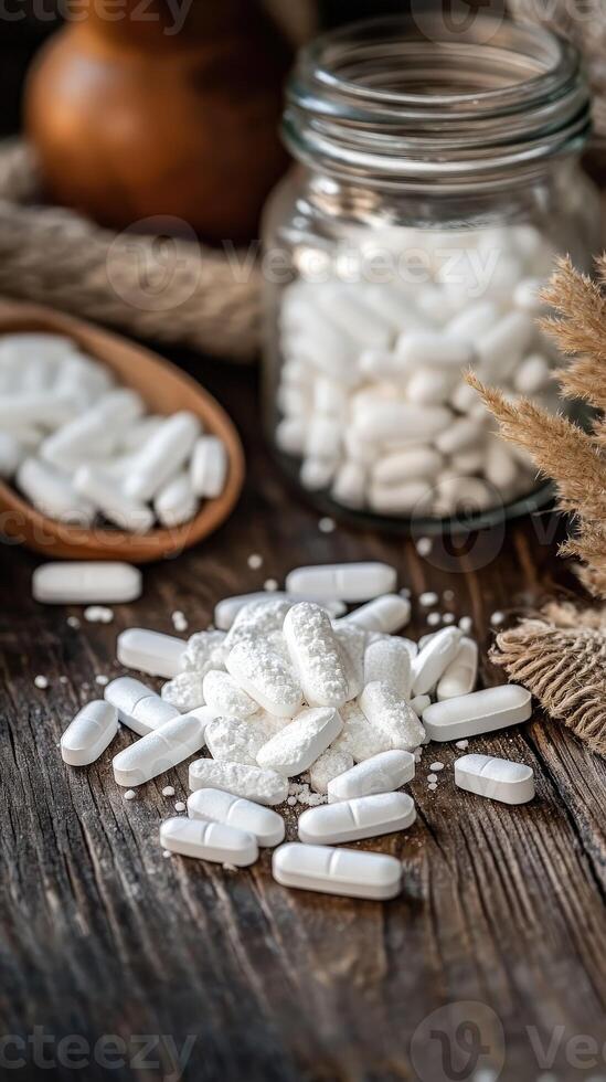 White tablets and powder on rustic wooden table with natural decor photo