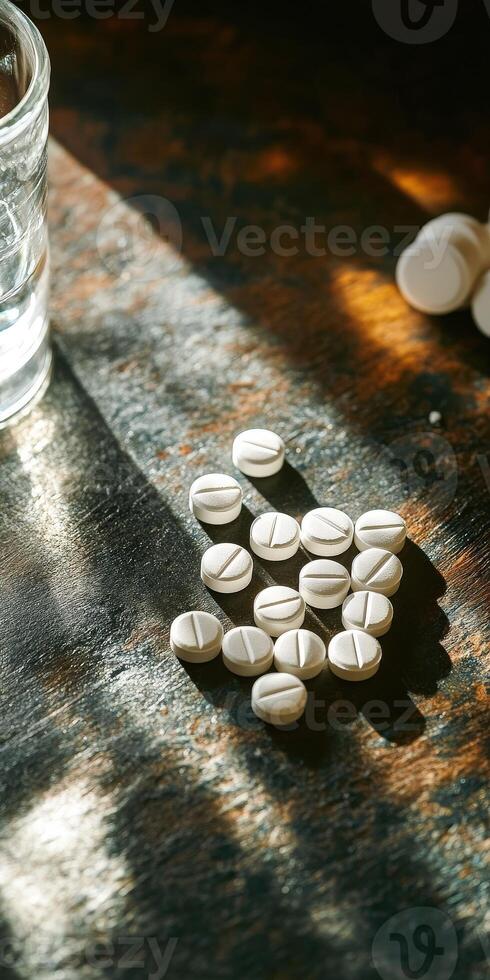 White tablets scattered on a wooden surface with a glass of water nearby photo