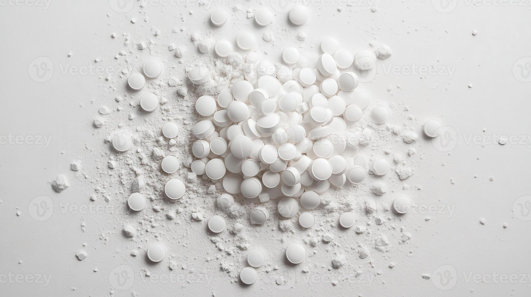 White tablets and powder scattered on a flat surface in a bright setting photo