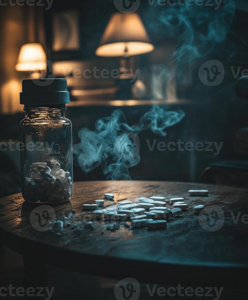 Glass container with pills on a wooden table in a dimly lit room photo