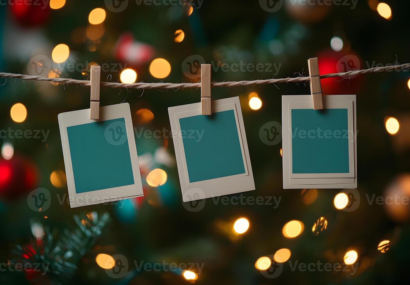 Blank Photos Hanging On String Before Christmas Tree