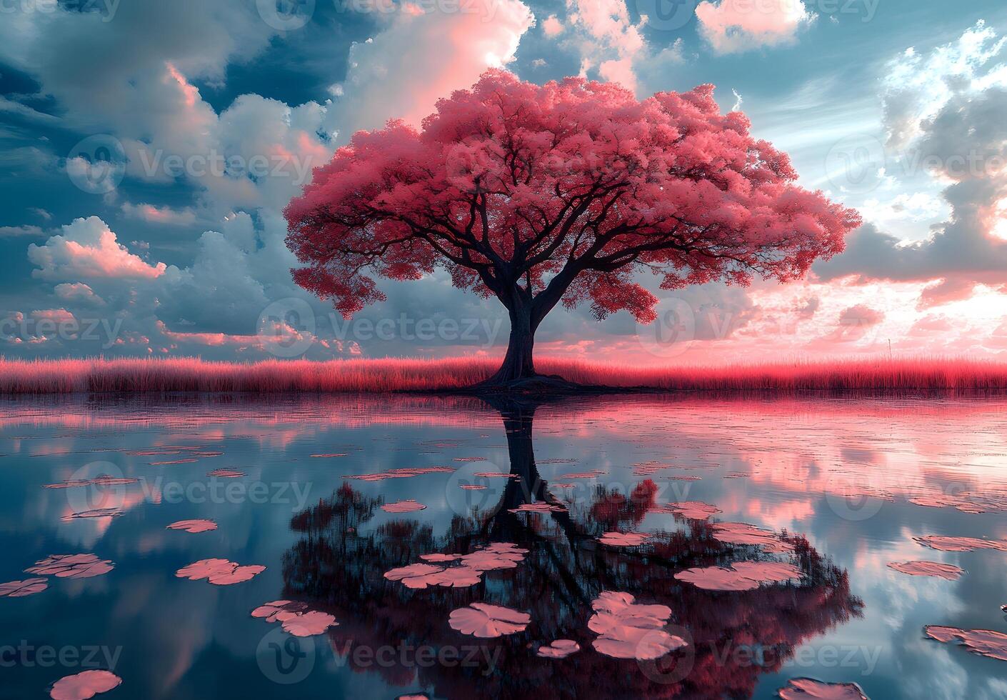 Pink Tree Reflecting in Calm Water Under a Cloudy Sky photo