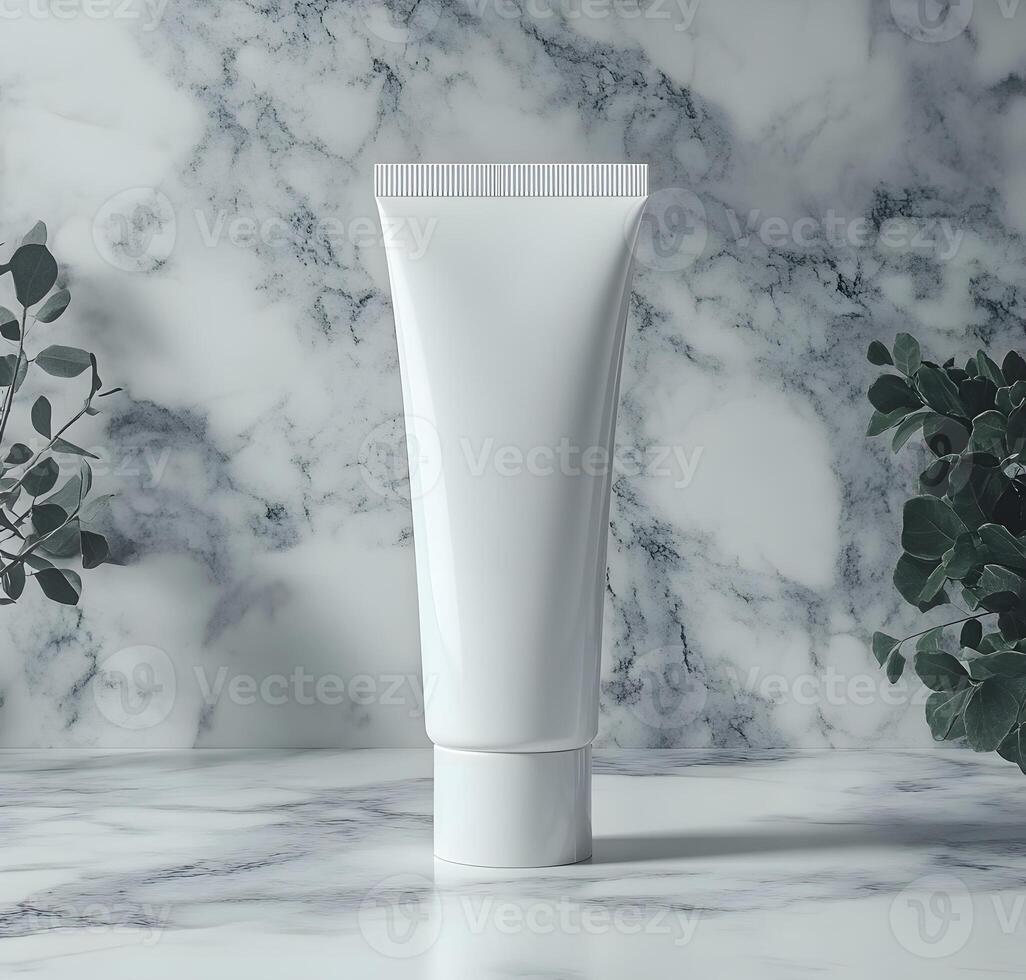 White Cosmetic Tube Against Marble Background photo