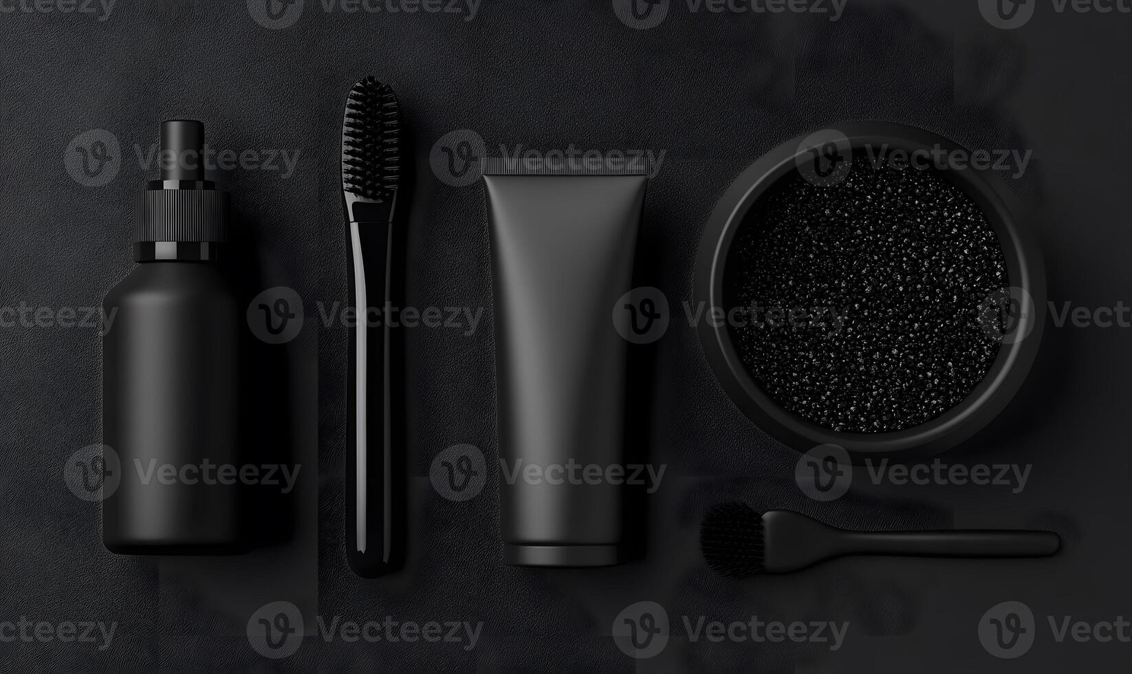 Black beauty products arranged on a dark surface photo