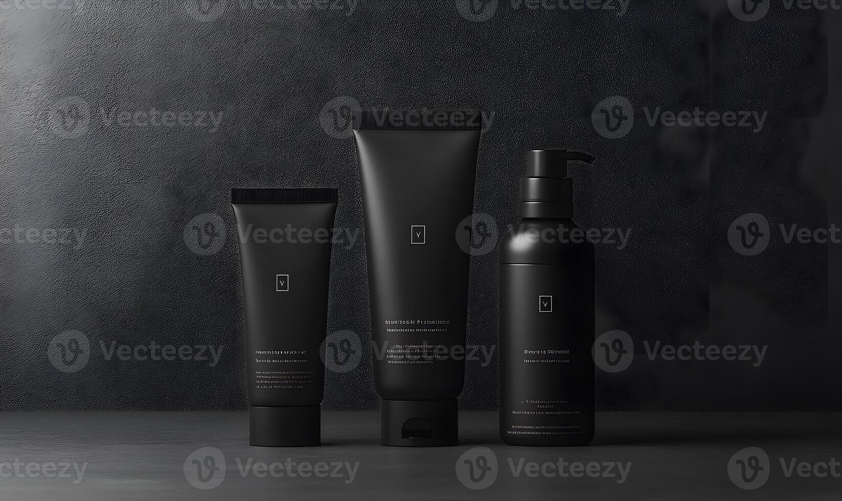 Elegant Black Cosmetic Products Displayed on Dark Surface photo