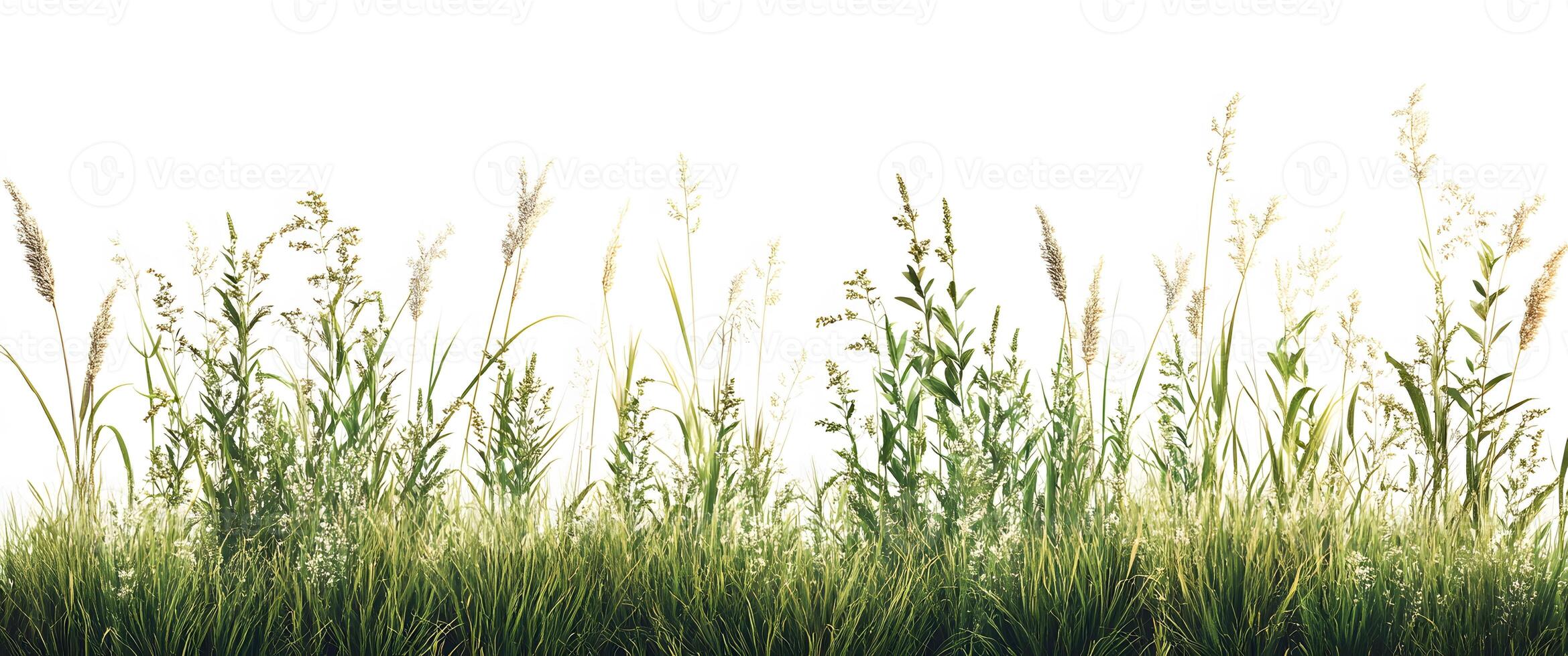 Lush Green Grass and Wildflowers Against White Background photo