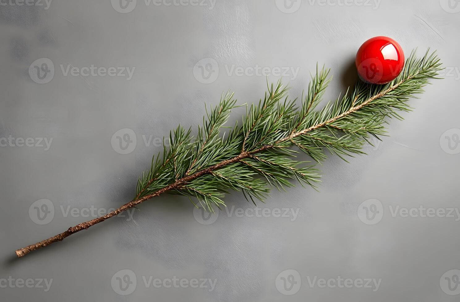 A single red ornament rests on a pine branch photo