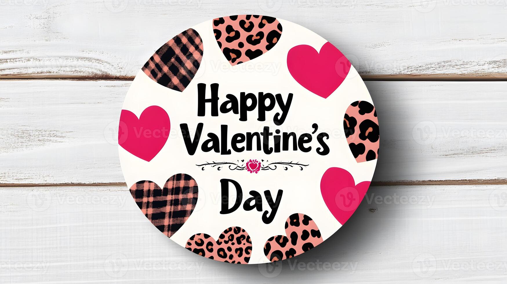 Happy Valentines Day Circle with Pink and Leopard Hearts photo