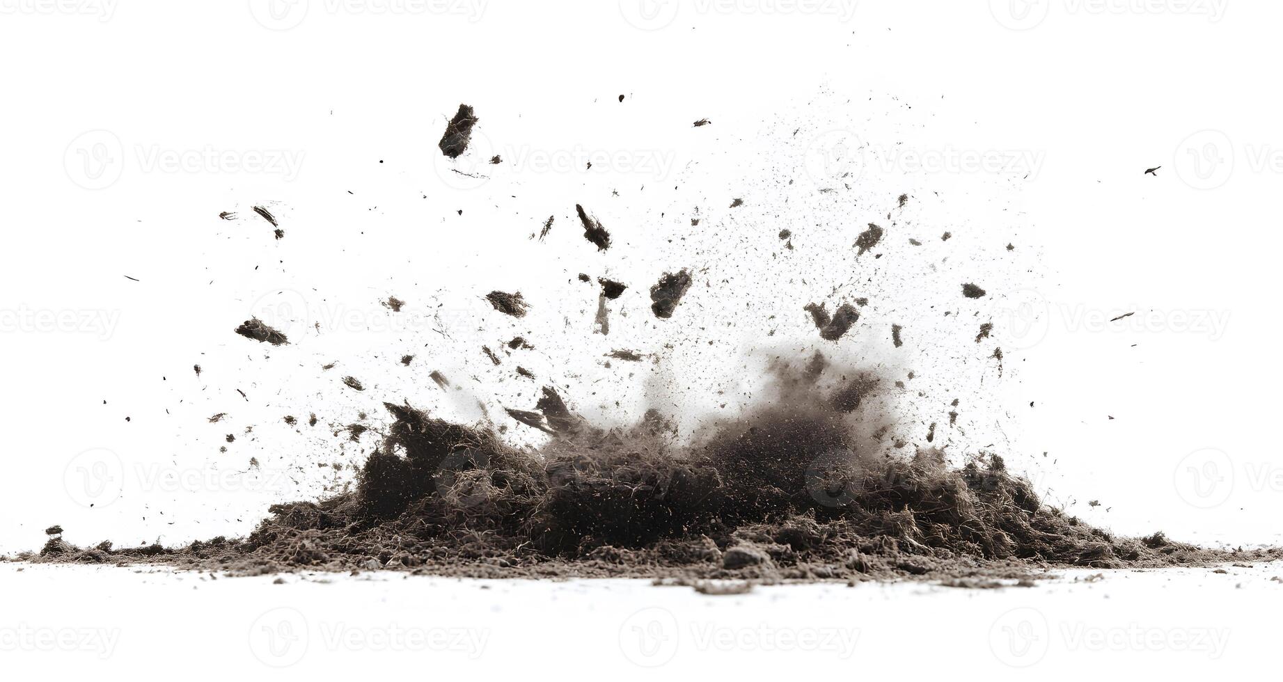 Dark soil explodes in a cloud of dust and debris photo