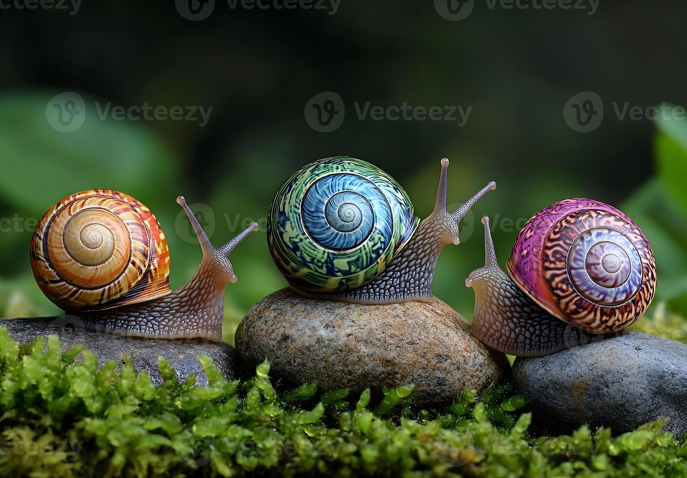 Three Colorful Snails Resting On Mossy Rocks photo