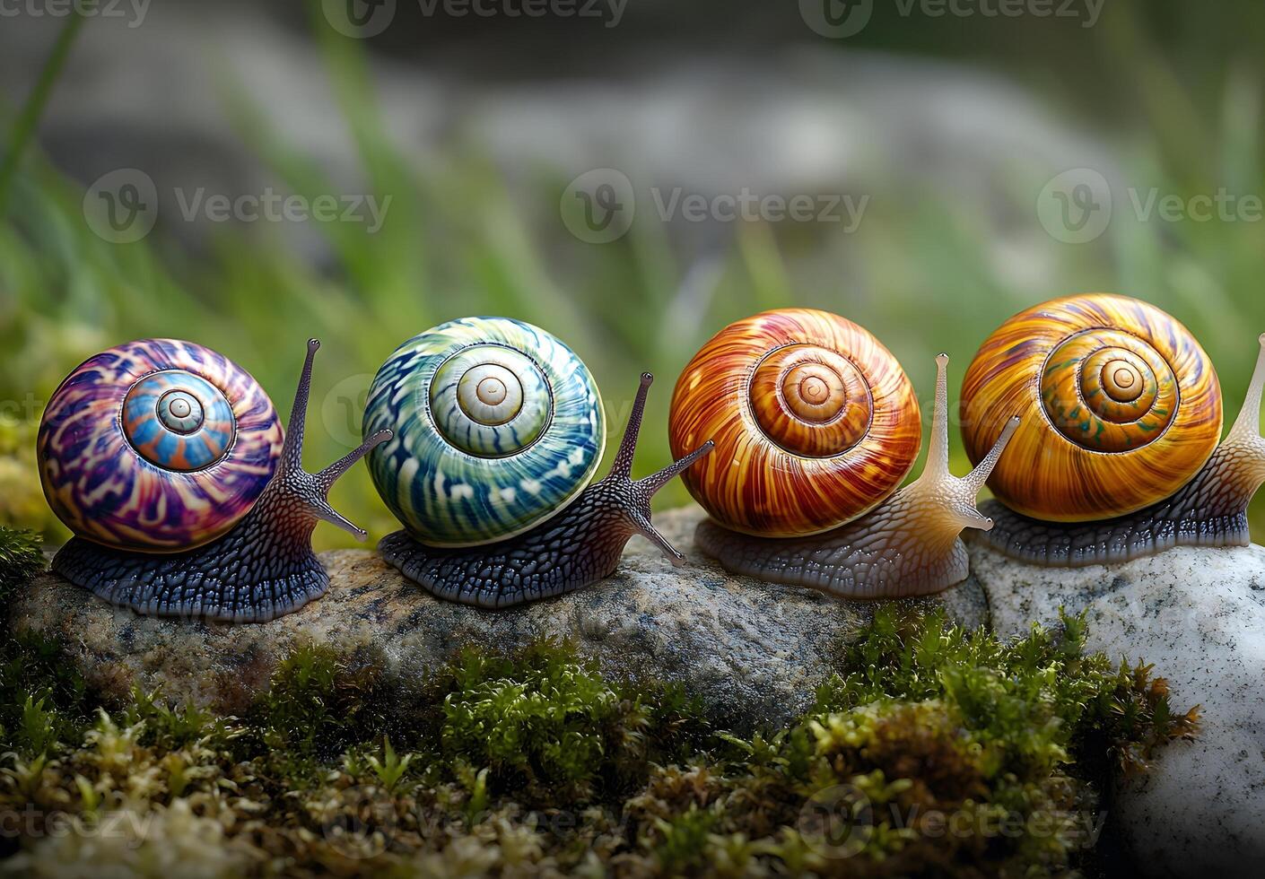 Four Colorful Snails Crawling In A Row photo