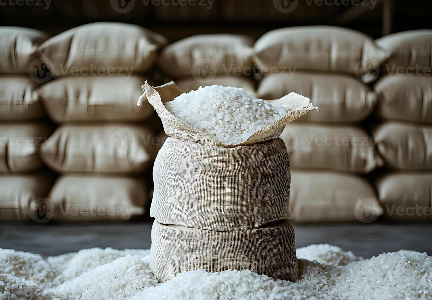 Rice sacks and grains in a storage facility photo