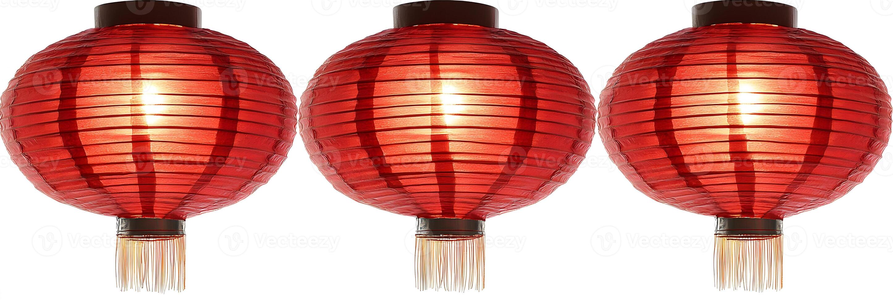 Three Illuminated Red Paper Lanterns Hanging in a Row photo