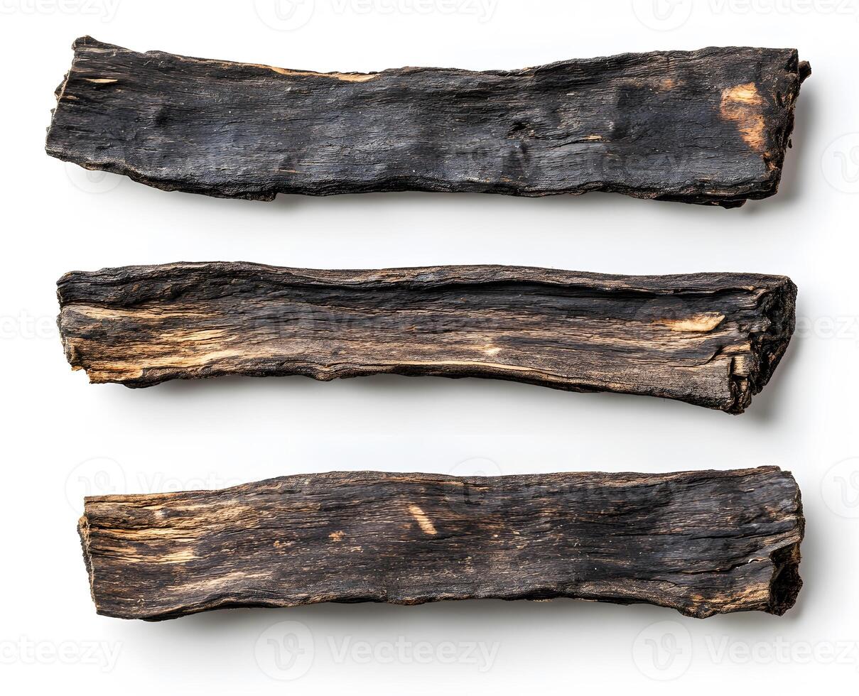 Three Pieces Of Dark Charred Wood Isolated photo