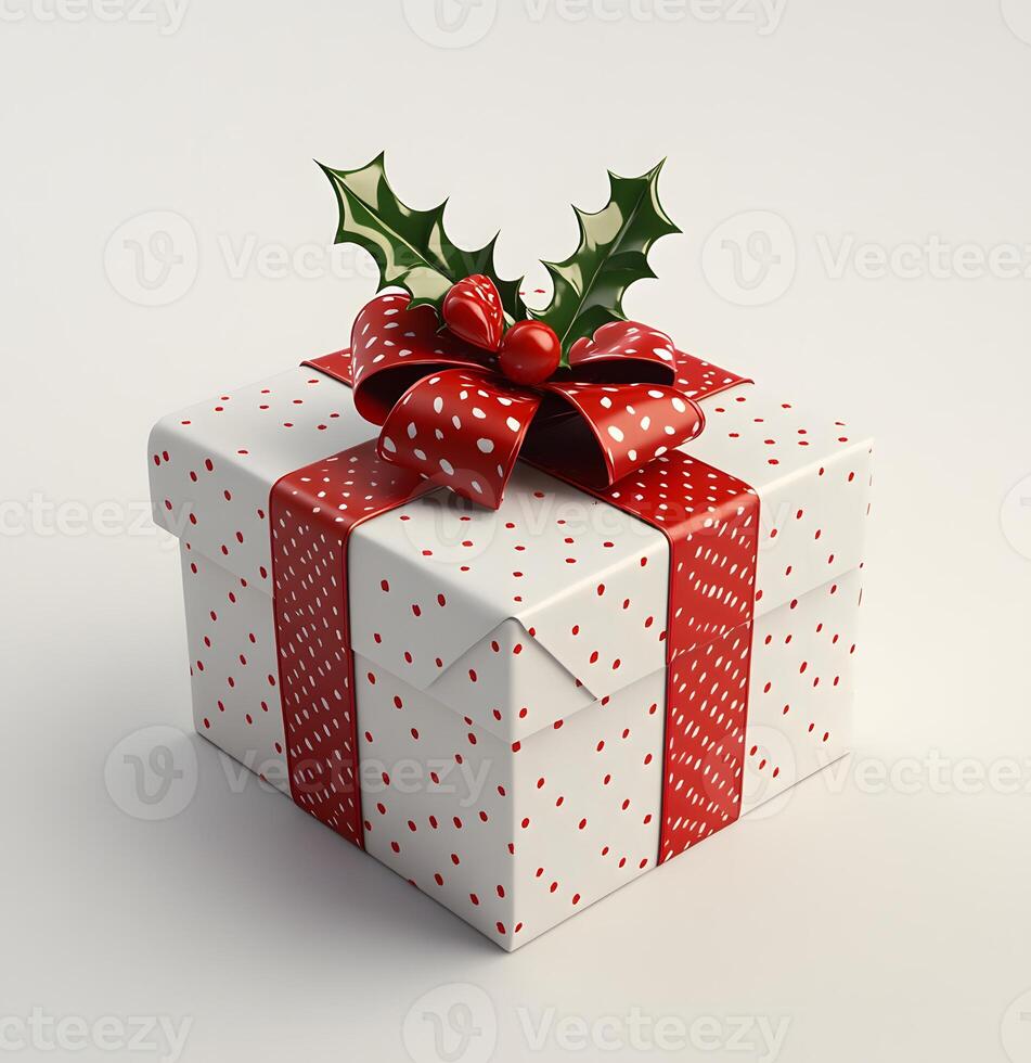 A Christmas gift box with red ribbon and holly photo