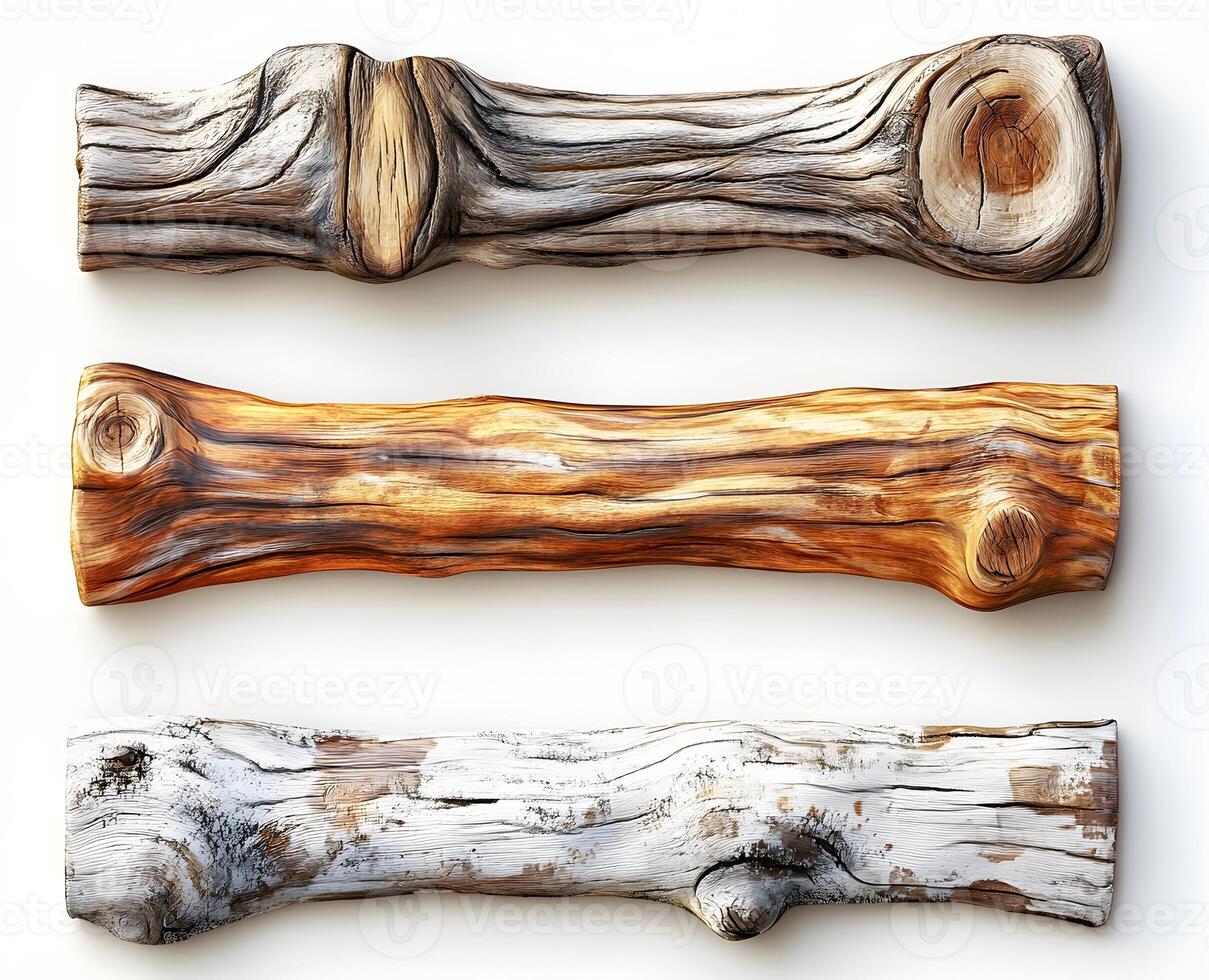 Three Rustic Wooden Logs Displayed Horizontally photo