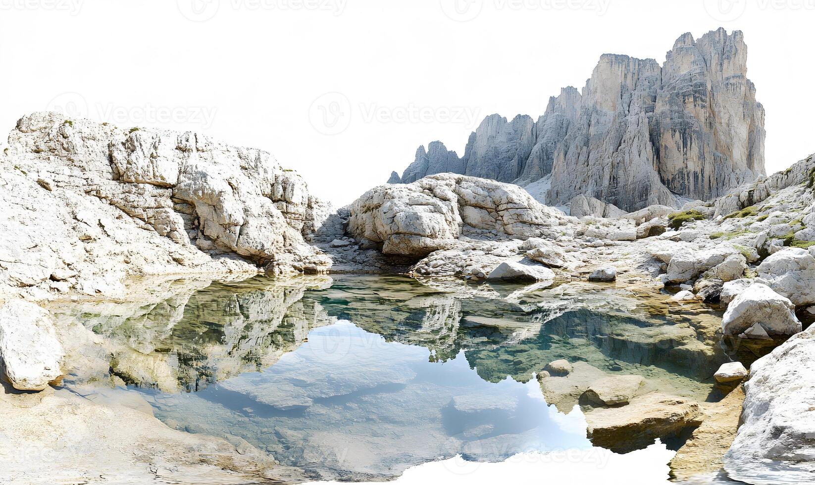 Mountain lake reflects rugged rock formations and sky photo
