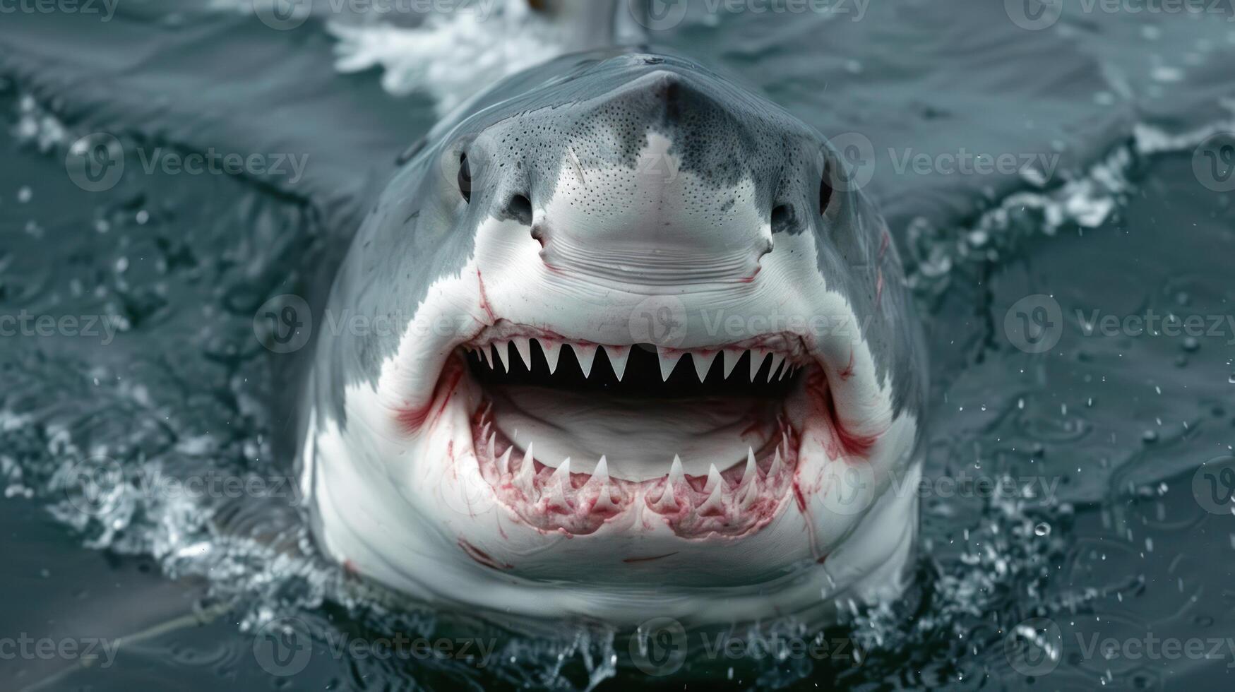 Close-up of a Great White Shark's Open Mouth in the Ocean photo