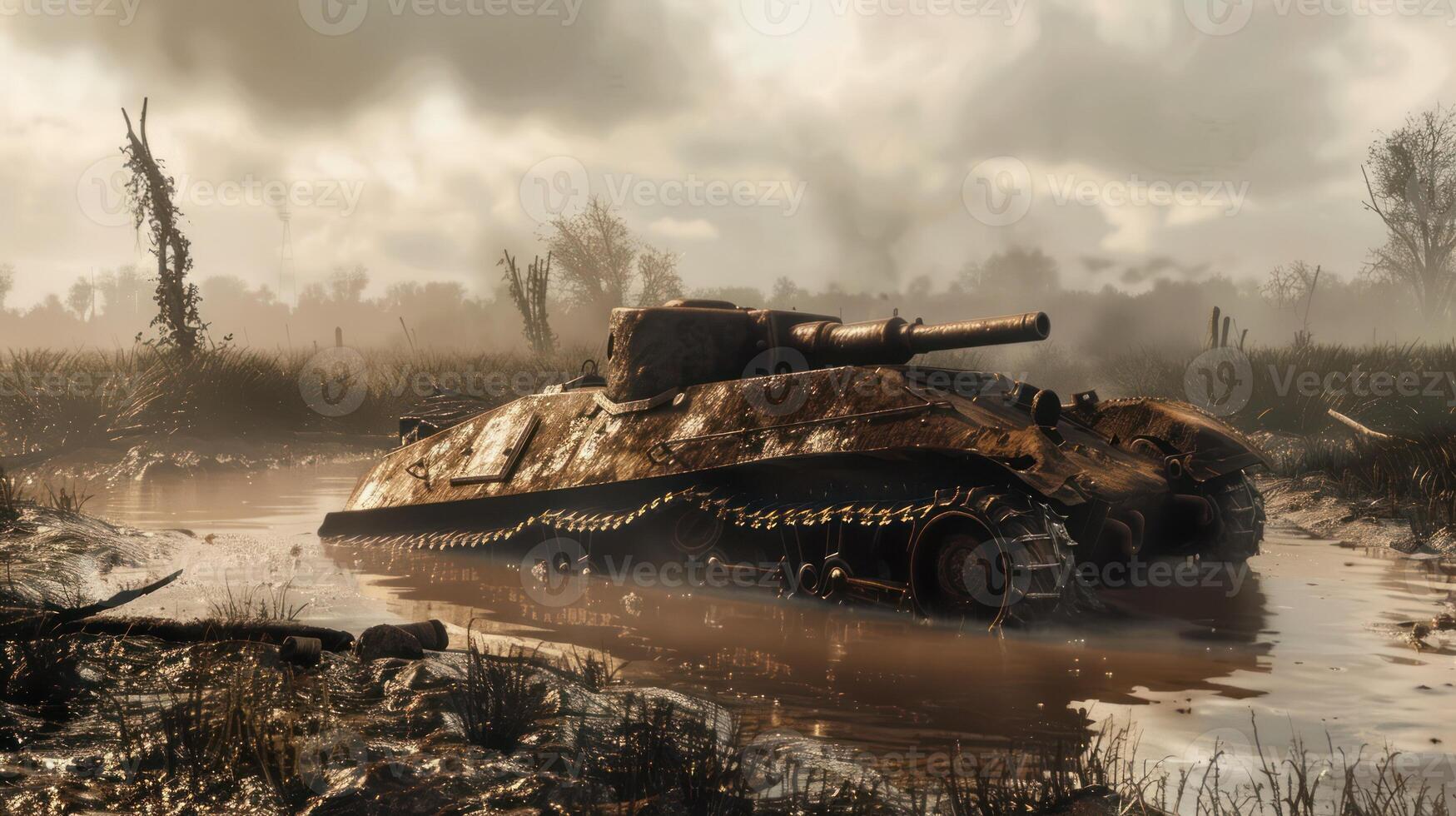 Rusty Tank Submerged in a Swampy Landscape photo