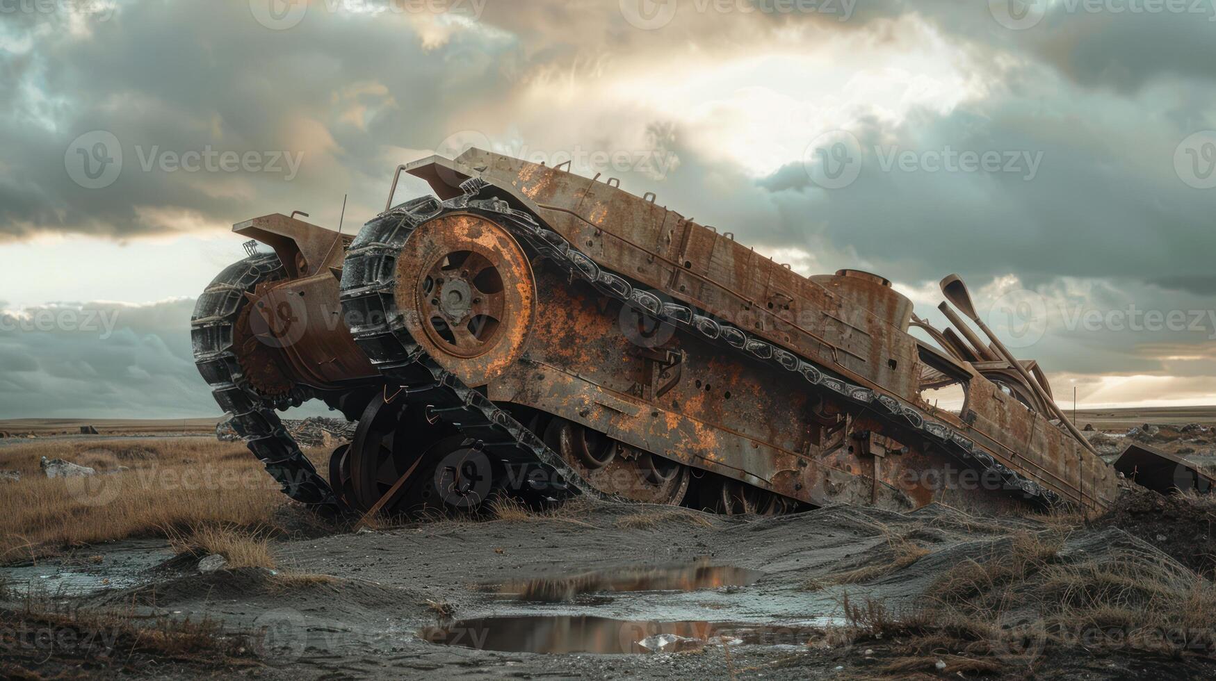 Rusty Tank Wreckage in a Field with Overcast Skies photo