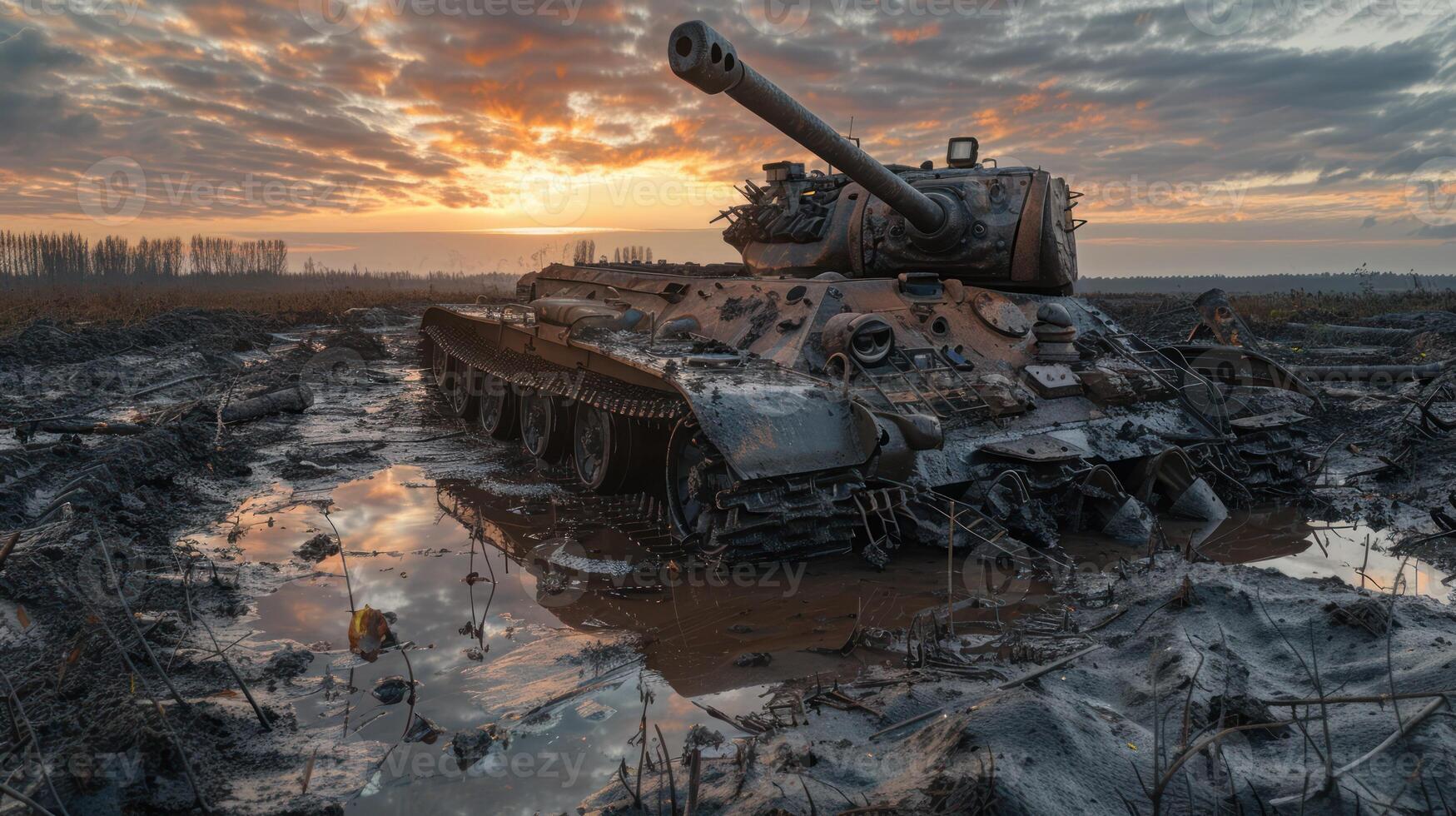 A Rusty Tank Stuck in Mud at Sunset photo
