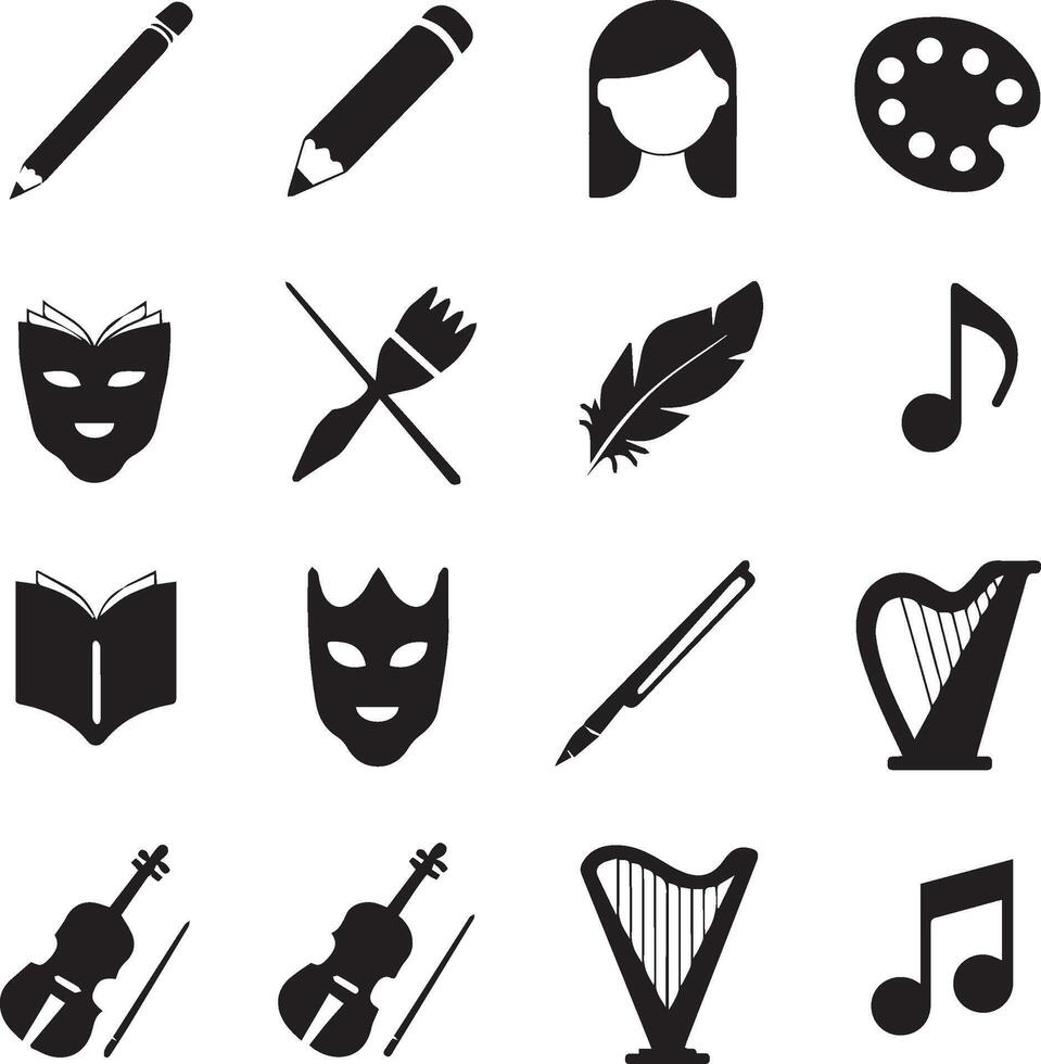 a collection of 16 black and white icons related to art and music vector