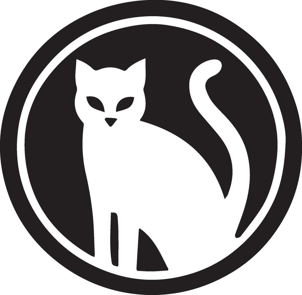 a black circle with a white silhouette of a cat inside it. vector