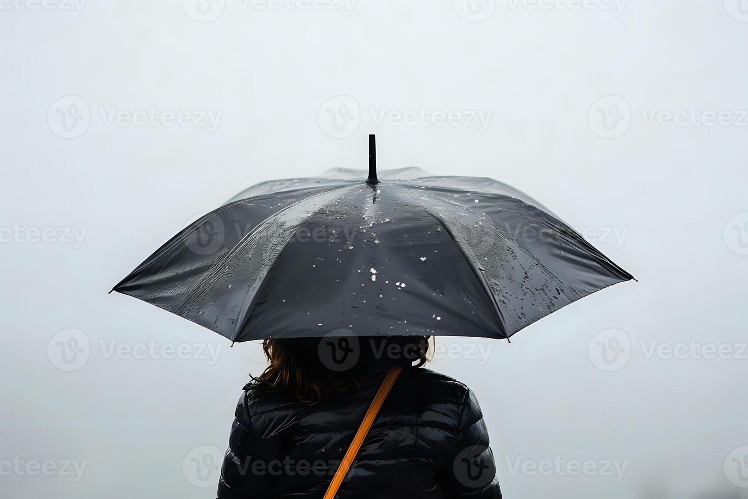 Rainy Day Reflection. A Person Under a Black Umbrella Contemplates Life's Mysteries on a Foggy Day, Seeking Solitude and Inner Peace Amidst the Weather. photo