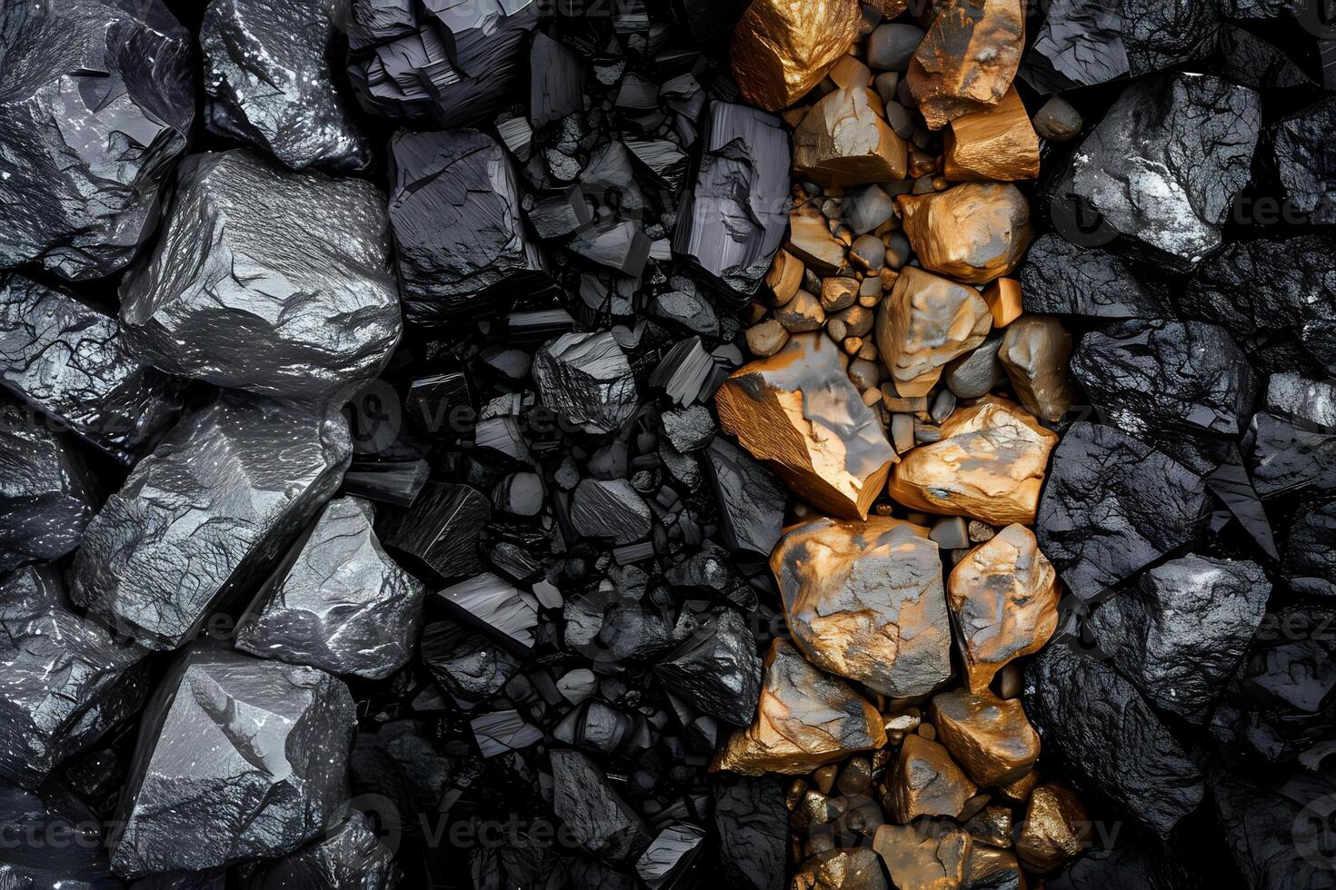 Black and Gold Rocks. A Stunning Contrast of Nature's Textures and Colors, Showcasing the Diverse Beauty of Geological Formations Found in Various Landscapes. Unique Characteristics photo