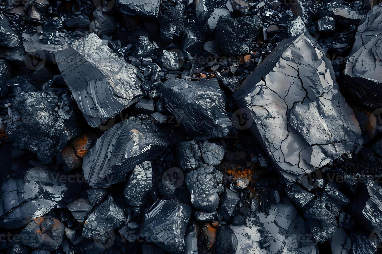 Dark, fractured rocks display intricate textures and patterns, revealing geological formations with stunning detail. A study in shades of grey and blue, showing the natural beauty of stone photo