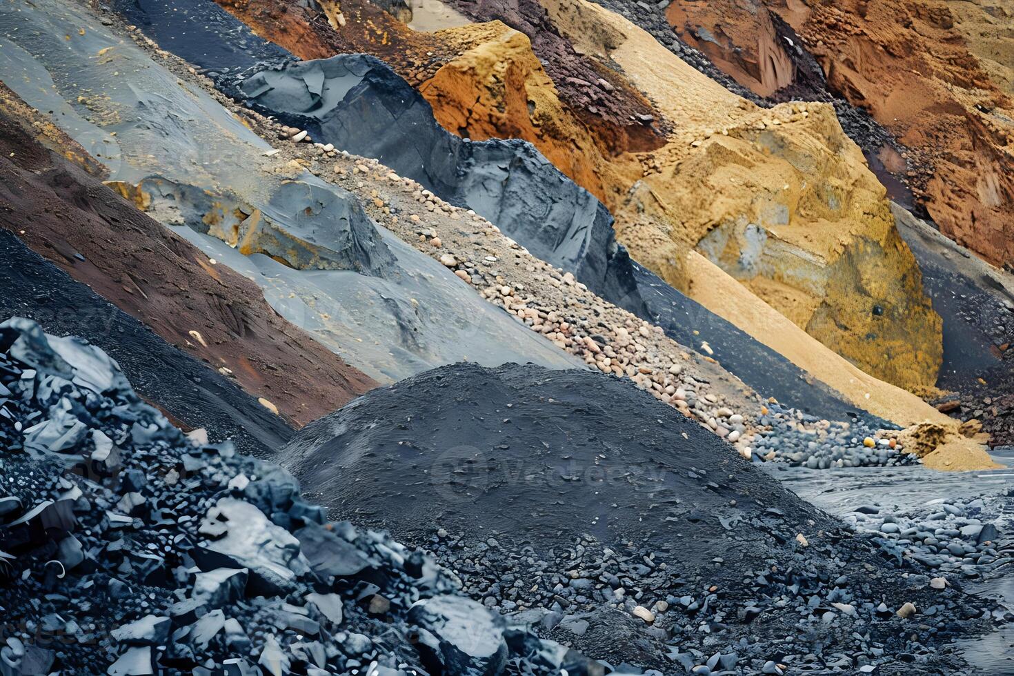 Exploring Varied Textures and Colors of Aggregate Materials in a Quarry, Revealing the Geological Processes and Composition of Earth's Crust with Striking Visuals. photo