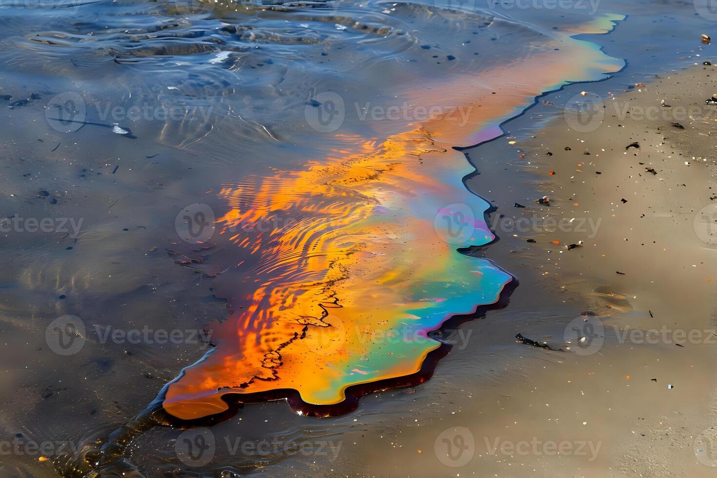 Iridescence on Water. Abstract Oil Slick Pattern Reflecting Light, Creates a Stunning Visual Display of Color and Texture on Sandy Shore photo