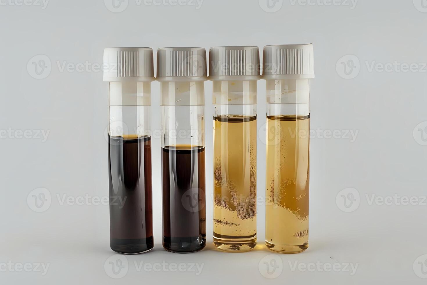Observe and Analyze Four Different Liquid Samples in Clear Tubes with White Caps. A Comprehensive Guide to Visual Inspection Techniques for Liquid Analysis, Demonstrating Color Variations photo